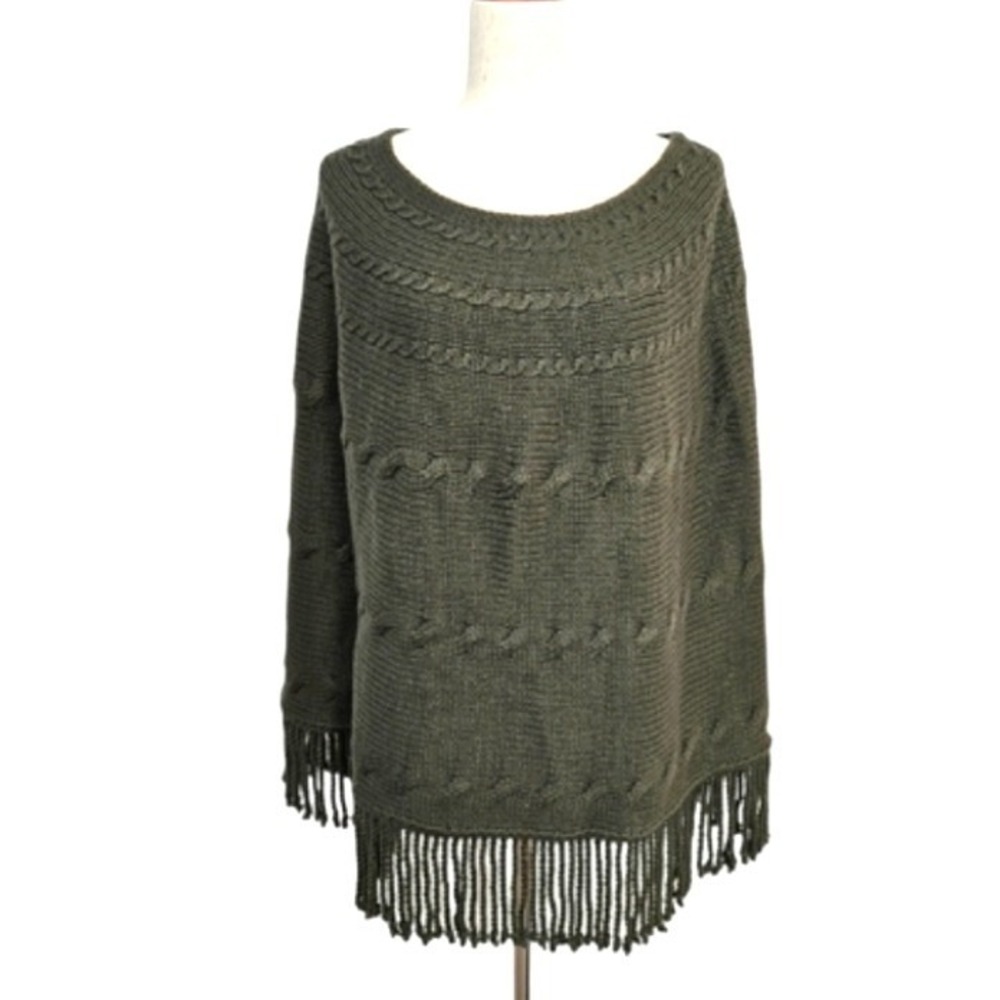 Lands End Womens Wool Cable Knit Fringe Poncho Pullover Sweater S/M  Boho Cabin